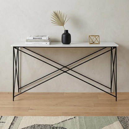59" White and Black Genuine Marble and Metal Console Table HomeRoots