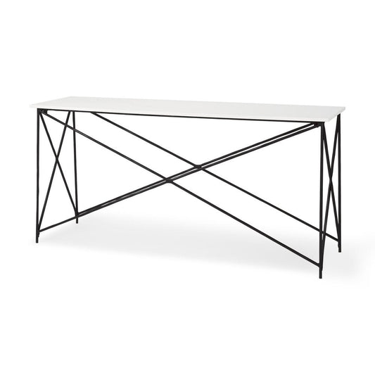 59" White and Black Genuine Marble and Metal Console Table