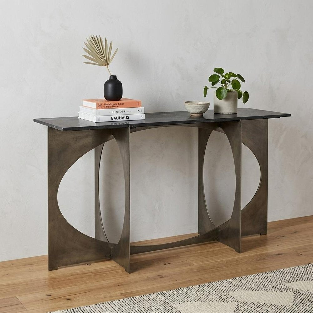 60" Black and Nickel Genuine Marble and Metal Frame Console Table HomeRoots