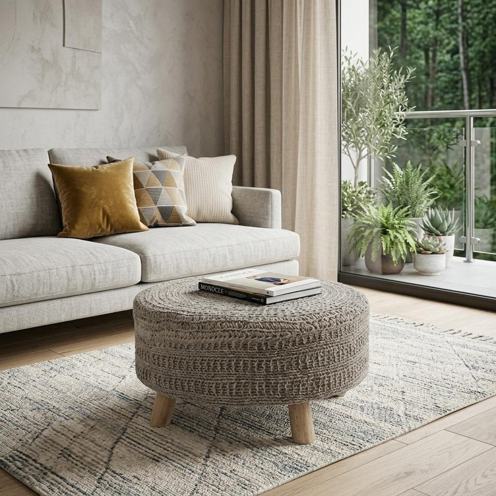 30" Dark Gray and Brown Wool Round Footstool — view 10