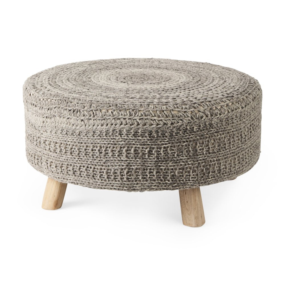 30" Dark Gray and Brown Wool Round Footstool HomeRoots