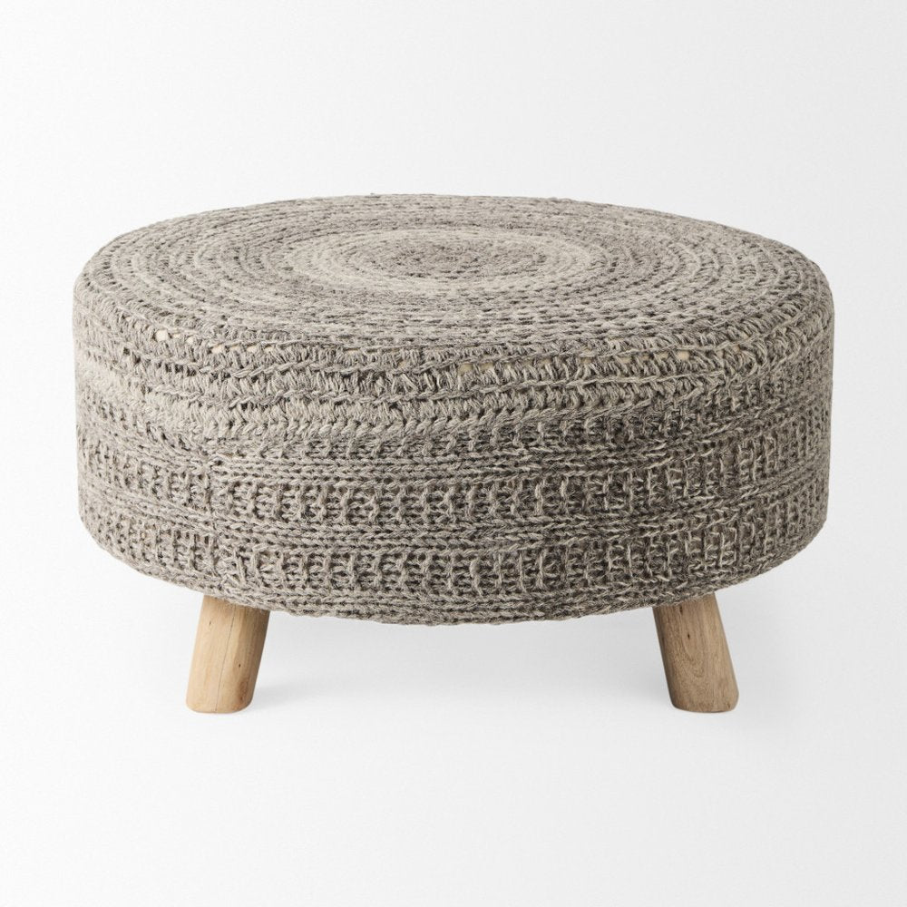 30" Dark Gray and Brown Wool Round Footstool — view 2