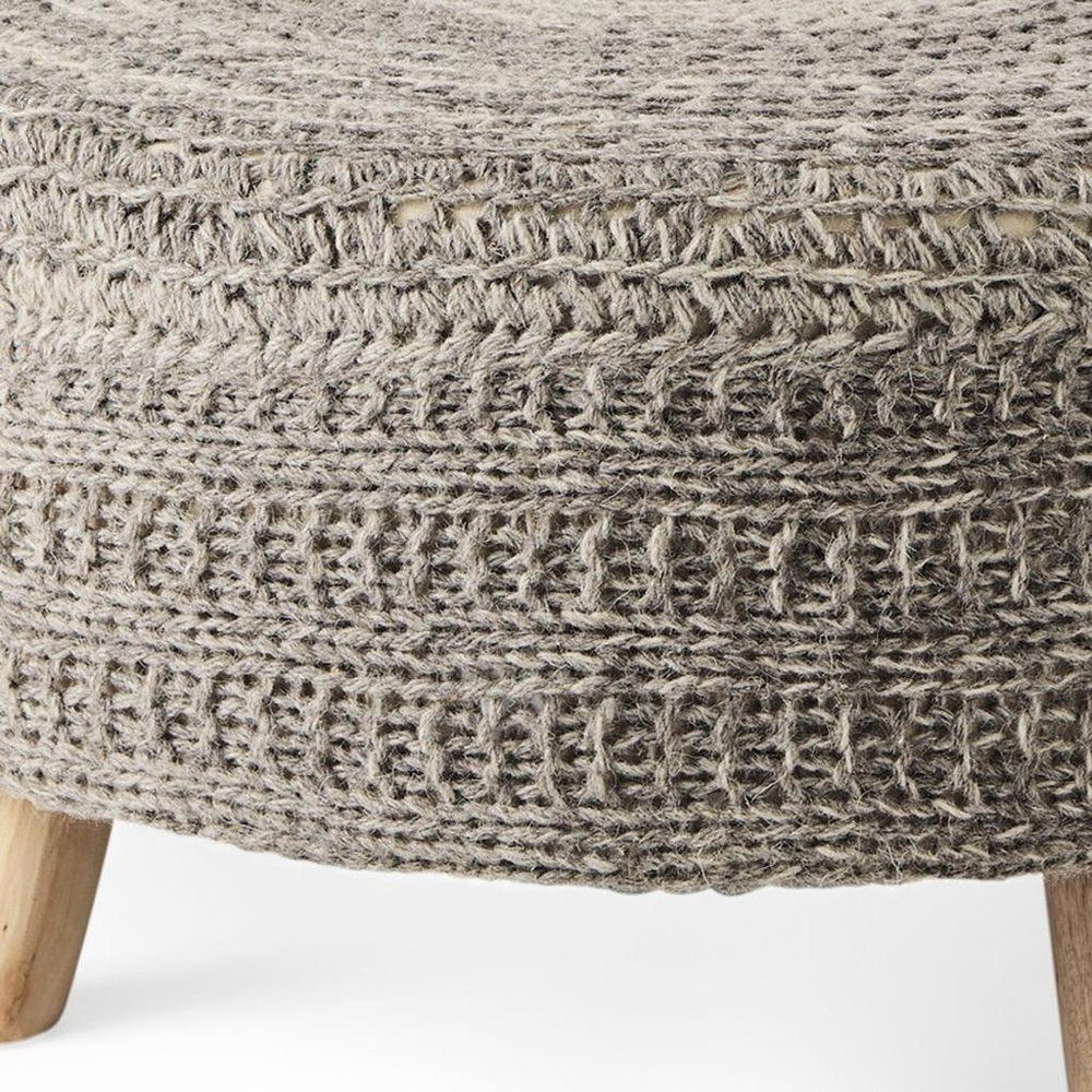 30" Dark Gray and Brown Wool Round Footstool — view 7