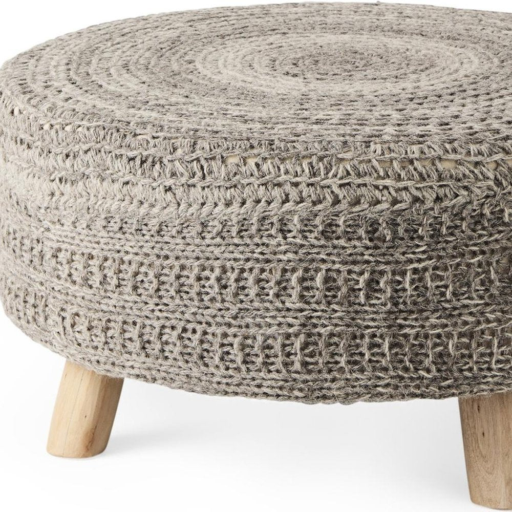 30" Dark Gray and Brown Wool Round Footstool — view 9