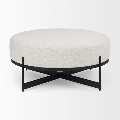 36" Cream and Black Fabric Round Pouf Ottoman HomeRoots