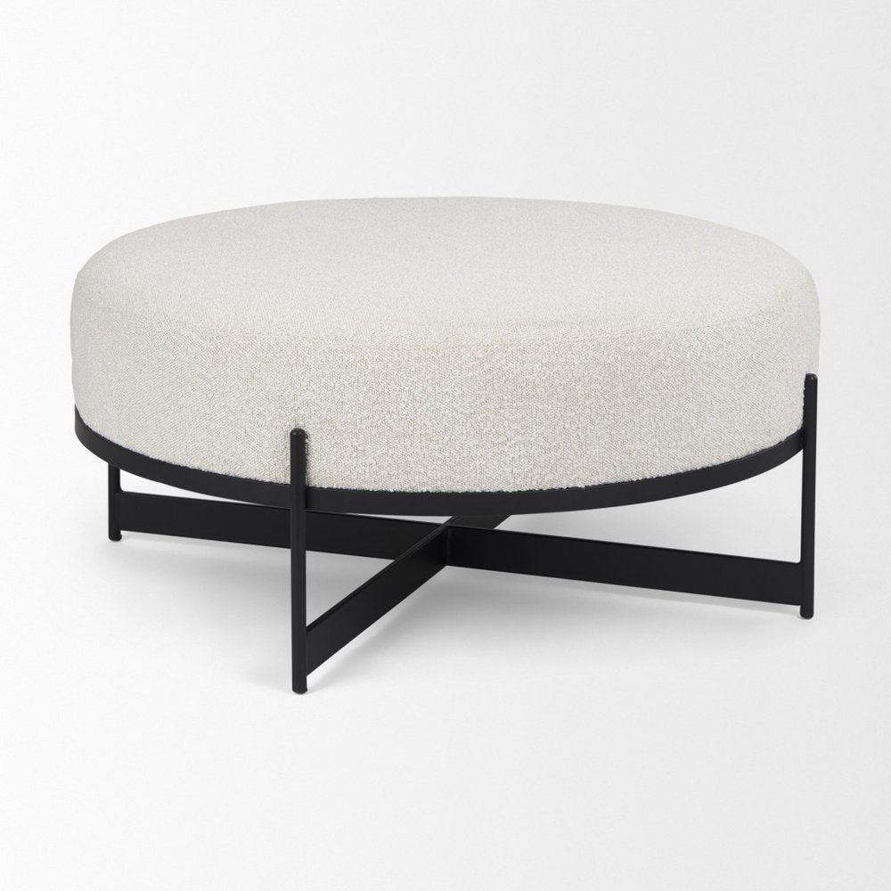 36" Cream and Black Fabric Round Pouf Ottoman — view 4