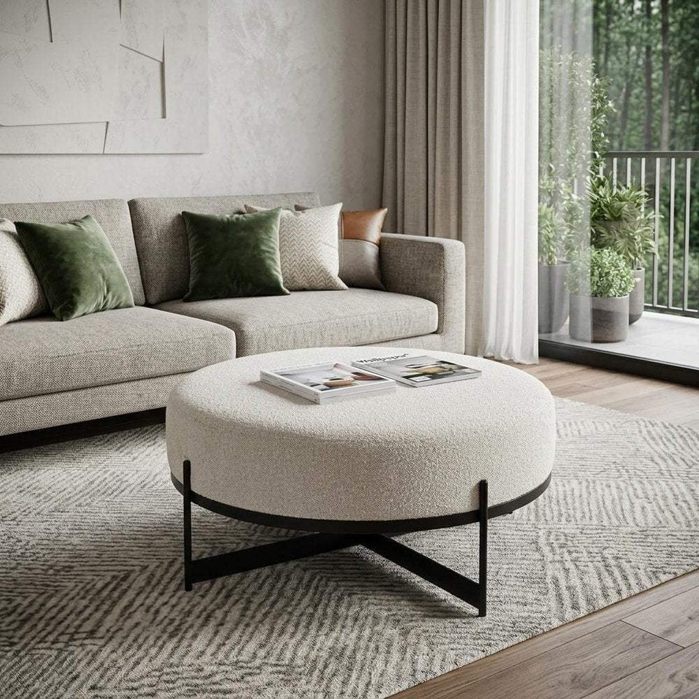 36" Cream and Black Fabric Round Pouf Ottoman — view 11
