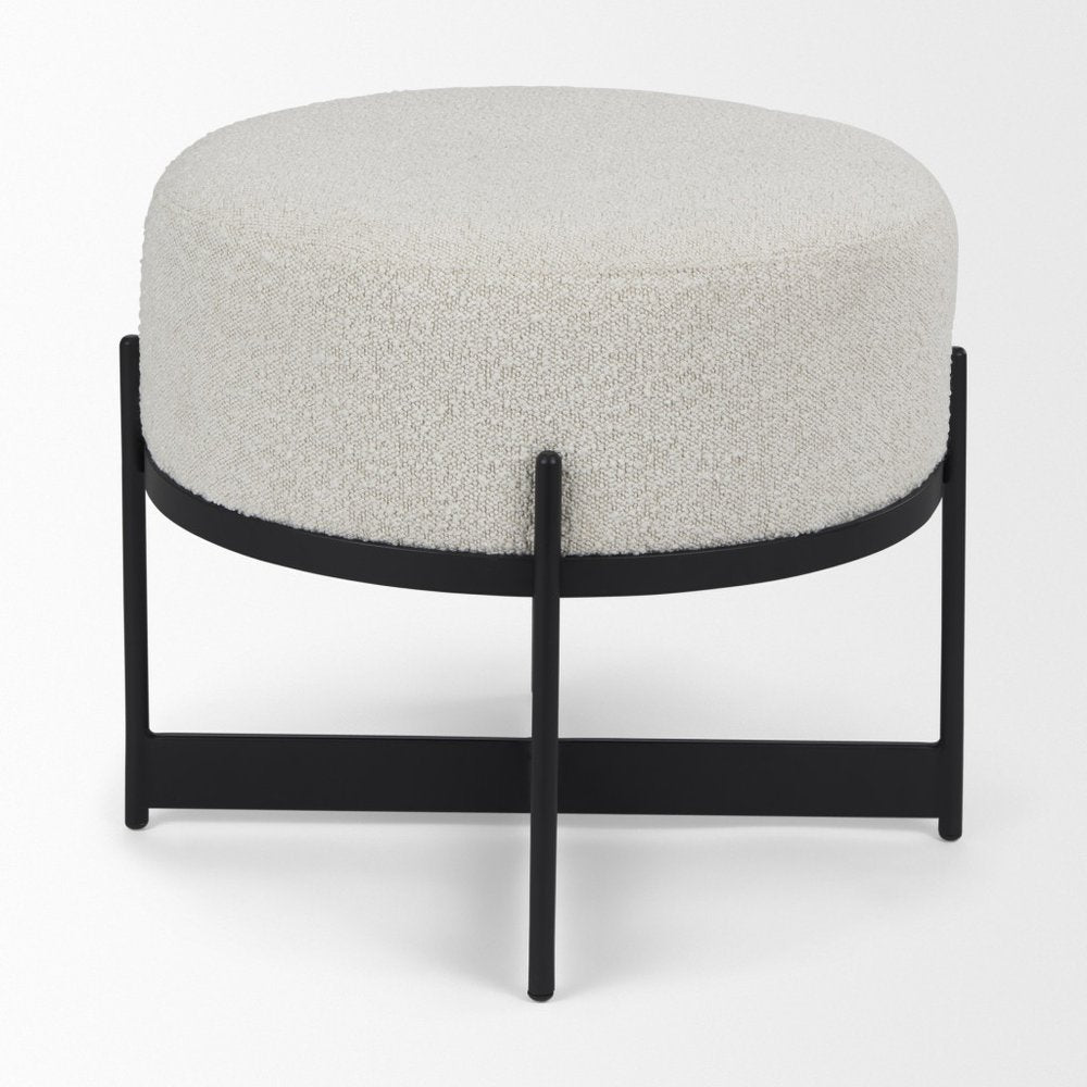 36" Cream and Black Fabric Round Pouf Ottoman HomeRoots
