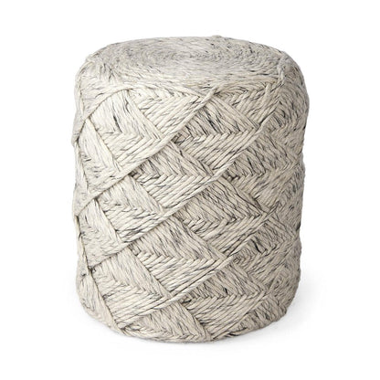 16" Beige and Gray Wool Chevron Round Pouf Ottoman HomeRoots