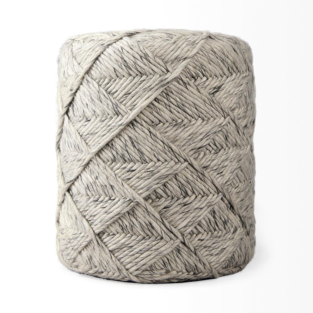 16" Beige and Gray Wool Chevron Round Pouf Ottoman — view 2