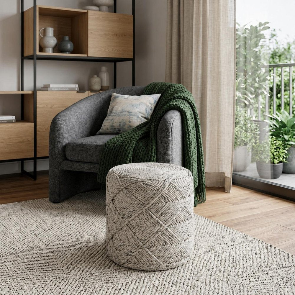 16" Beige and Gray Wool Chevron Round Pouf Ottoman HomeRoots
