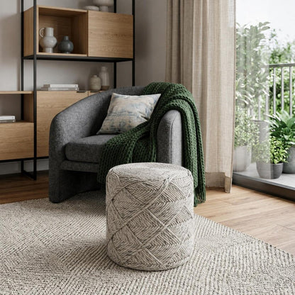 16" Beige and Gray Wool Chevron Round Pouf Ottoman HomeRoots