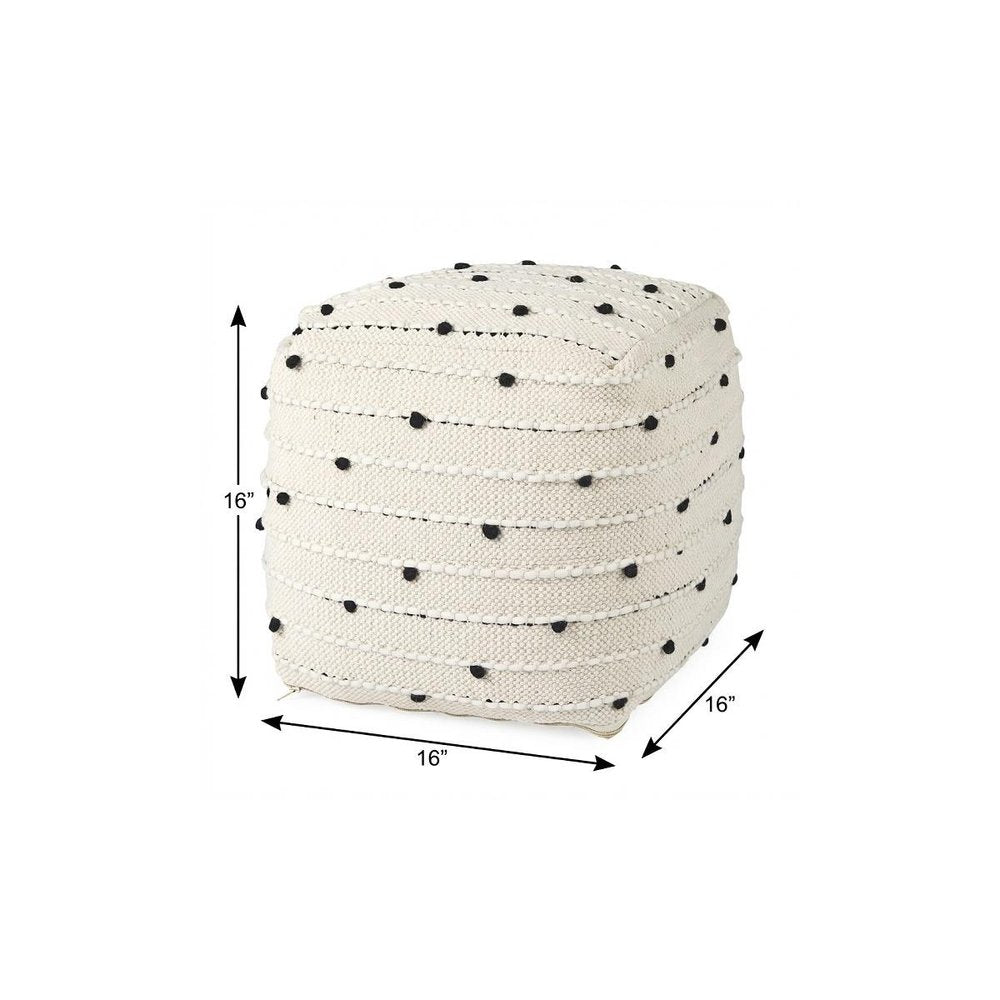 16" Black Cream and White Cotton and Wool Polka Dots Pouf Ottoman — view 8