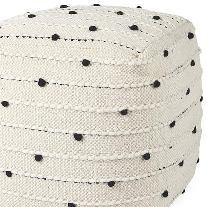 16" Black Cream and White Cotton and Wool Polka Dots Pouf Ottoman