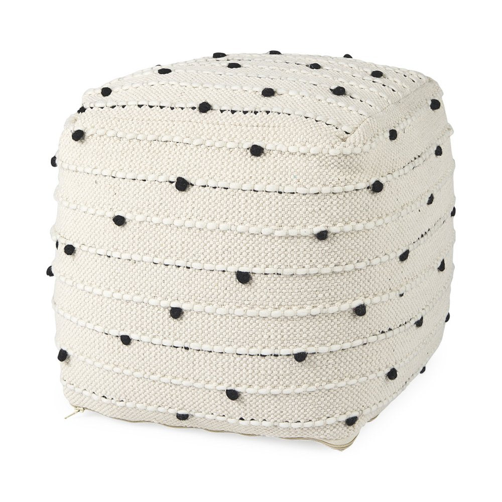 16" Black Cream and White Cotton and Wool Polka Dots Pouf Ottoman HomeRoots