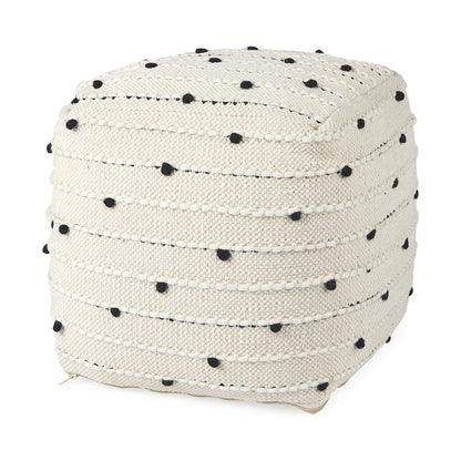 16" Black Cream and White Cotton and Wool Polka Dots Pouf Ottoman