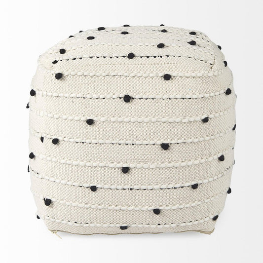16" Black Cream and White Cotton and Wool Polka Dots Pouf Ottoman