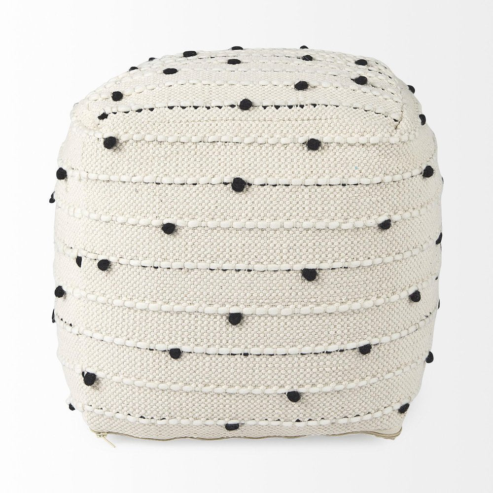16" Black Cream and White Cotton and Wool Polka Dots Pouf Ottoman HomeRoots