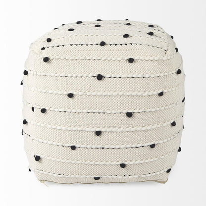16" Black Cream and White Cotton and Wool Polka Dots Pouf Ottoman HomeRoots