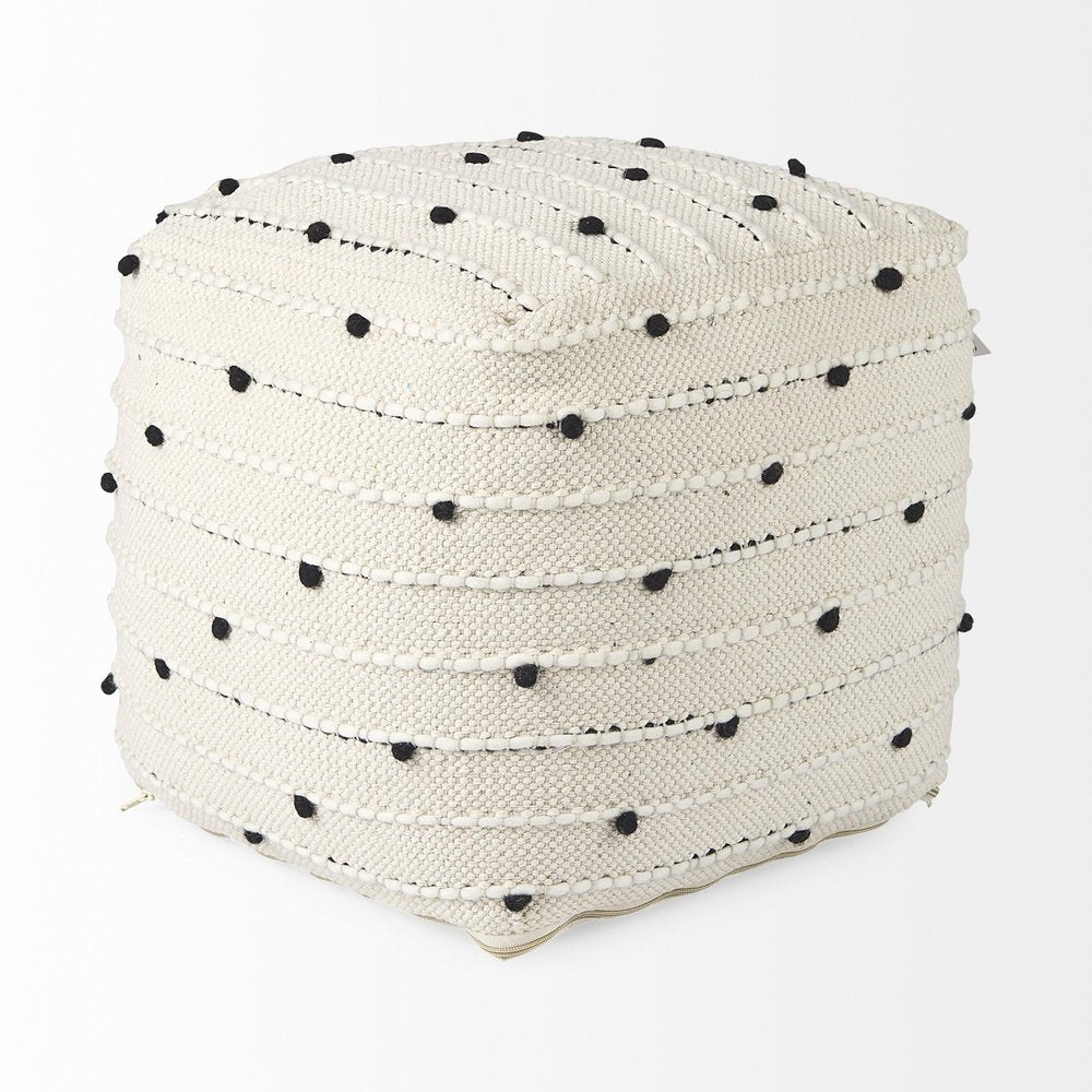 16" Black Cream and White Cotton and Wool Polka Dots Pouf Ottoman HomeRoots