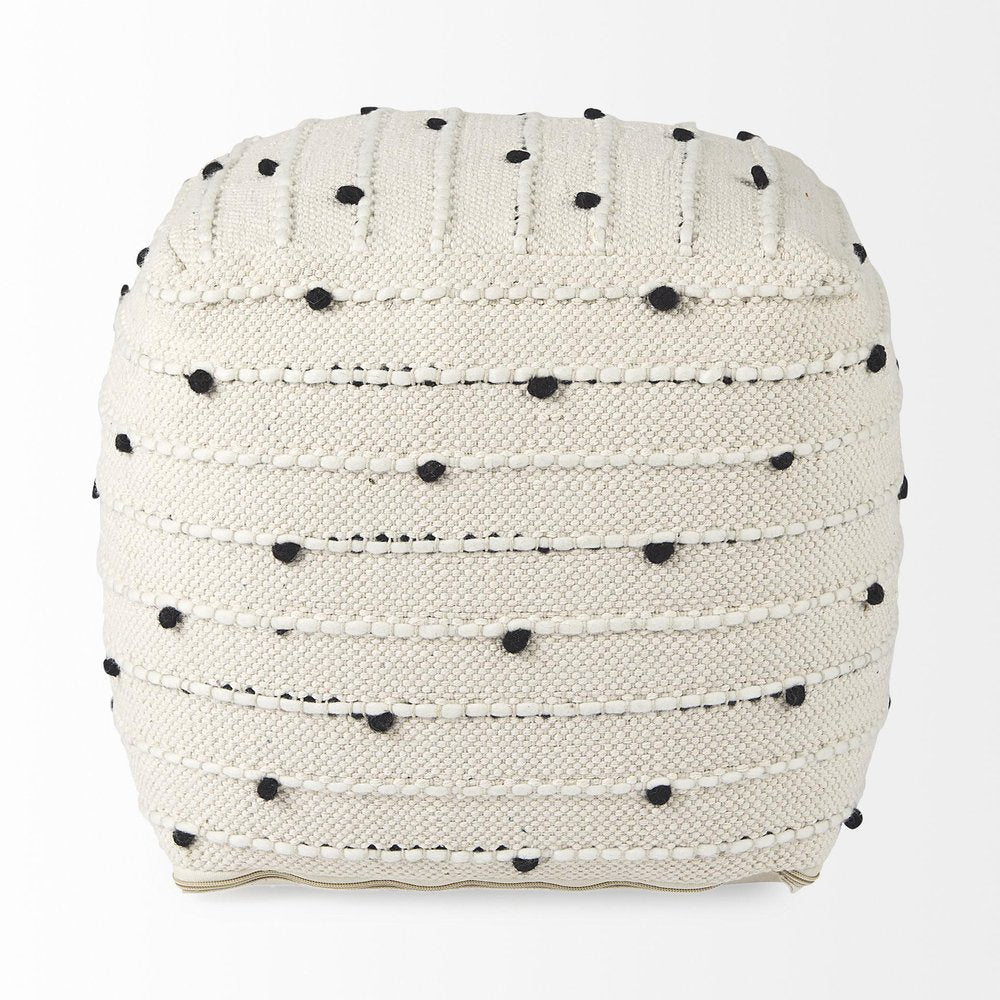 16" Black Cream and White Cotton and Wool Polka Dots Pouf Ottoman HomeRoots