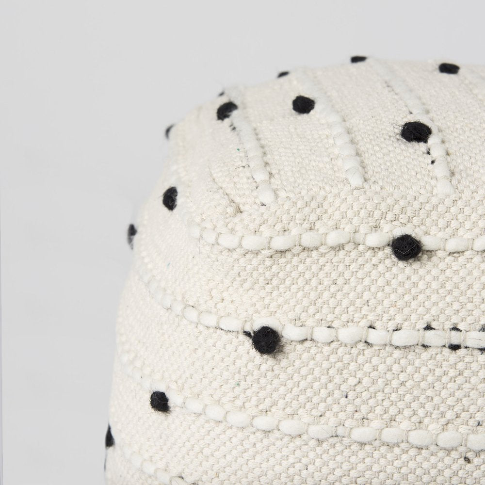 16" Black Cream and White Cotton and Wool Polka Dots Pouf Ottoman — view 5
