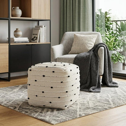16" Black Cream and White Cotton and Wool Polka Dots Pouf Ottoman HomeRoots