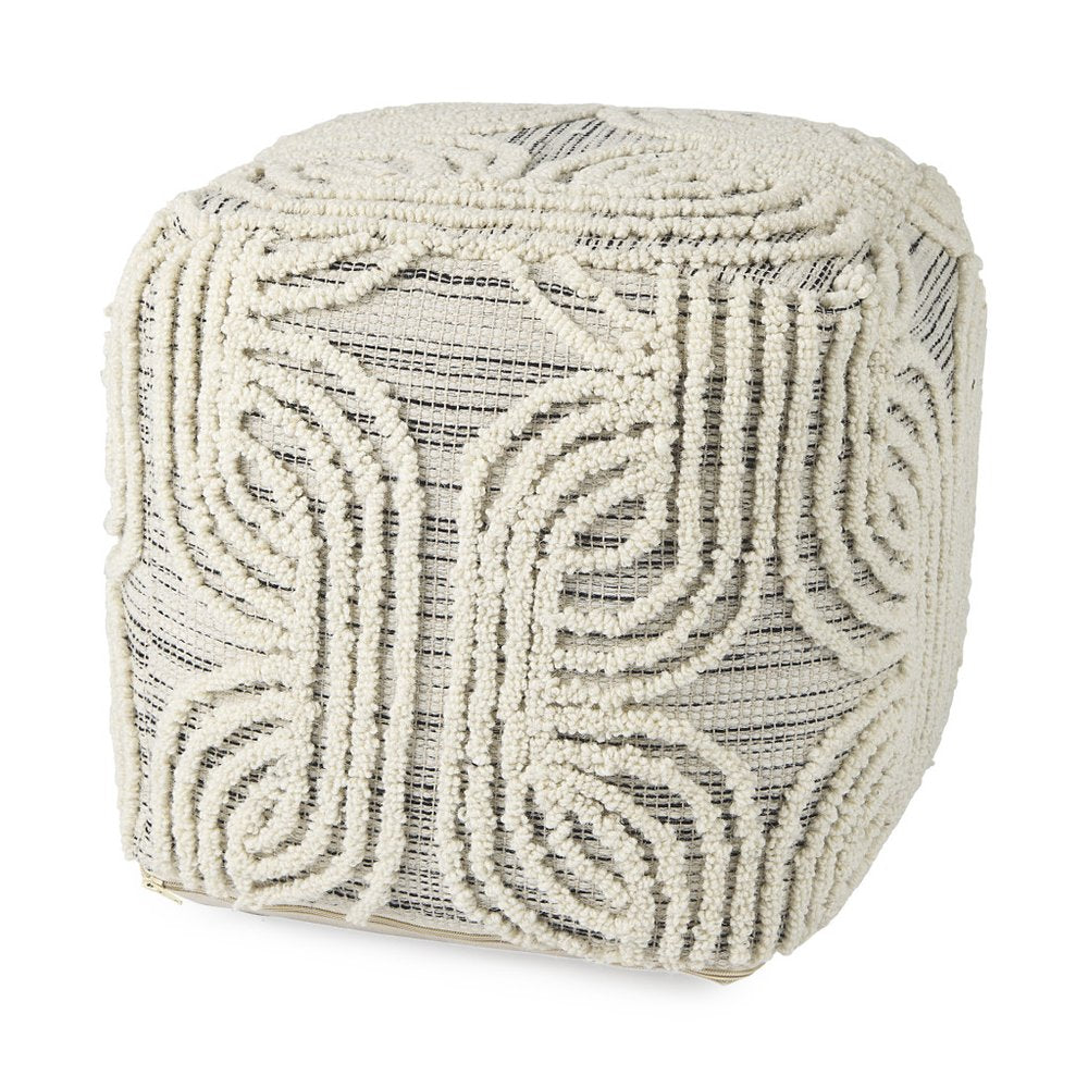 16" Beige Cream and Gray Cotton and Wool Geometric Cube Pouf Ottoman HomeRoots