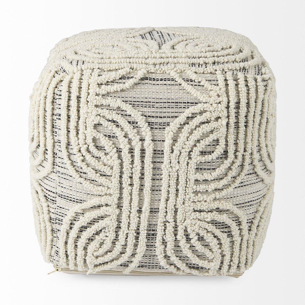 16" Beige Cream and Gray Cotton and Wool Geometric Cube Pouf Ottoman — view 2