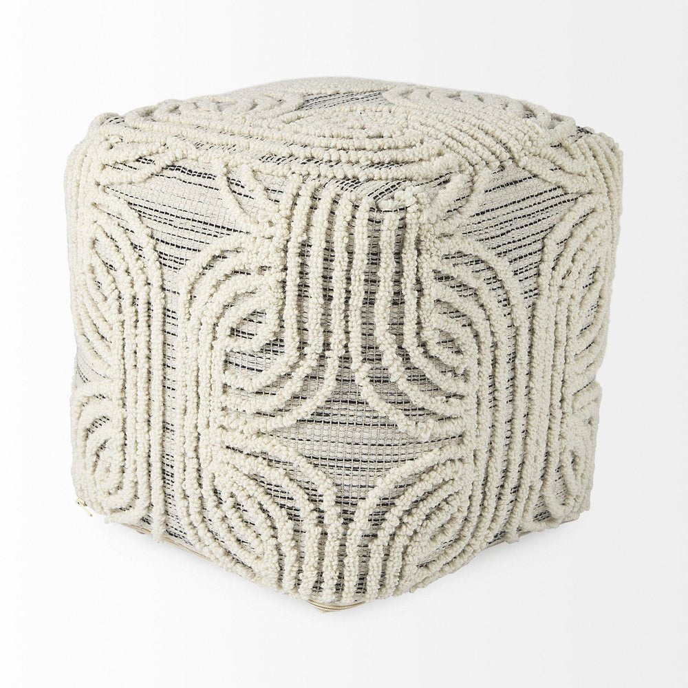 16" Beige Cream and Gray Cotton and Wool Geometric Cube Pouf Ottoman — view 3