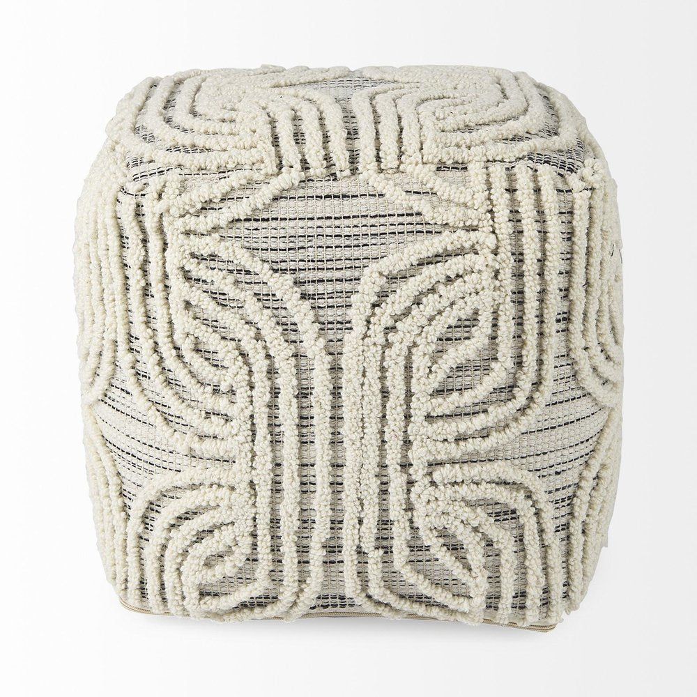 16" Beige Cream and Gray Cotton and Wool Geometric Cube Pouf Ottoman — view 4