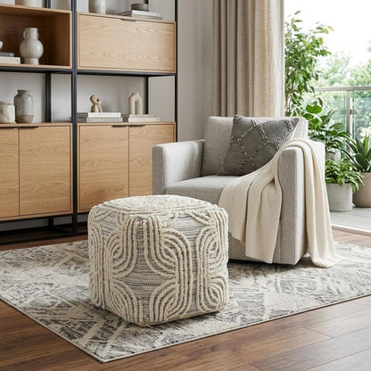 16" Beige Cream and Gray Cotton and Wool Geometric Cube Pouf Ottoman HomeRoots