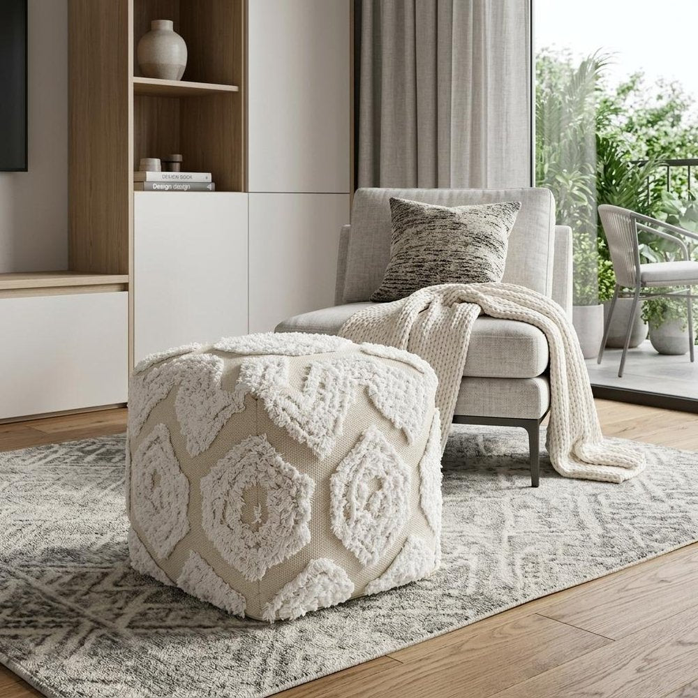 16" Beige and Cream Cotton Geometric Cube Pouf Ottoman HomeRoots