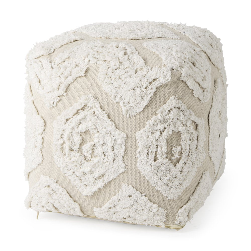 16" Beige and Cream Cotton Geometric Cube Pouf Ottoman HomeRoots