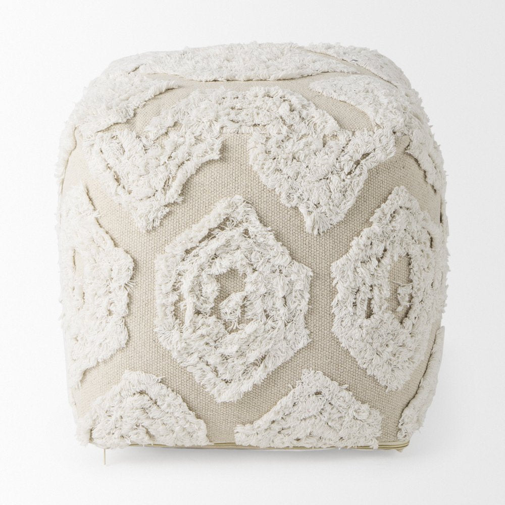 16" Beige and Cream Cotton Geometric Cube Pouf Ottoman HomeRoots