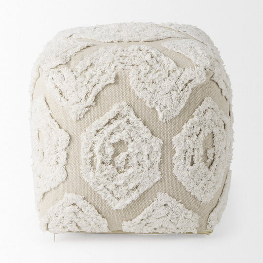16" Beige and Cream Cotton Geometric Cube Pouf Ottoman