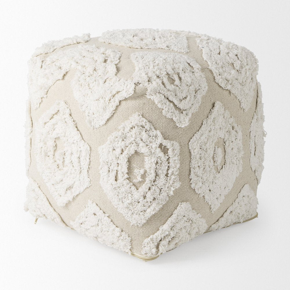 16" Beige and Cream Cotton Geometric Cube Pouf Ottoman HomeRoots