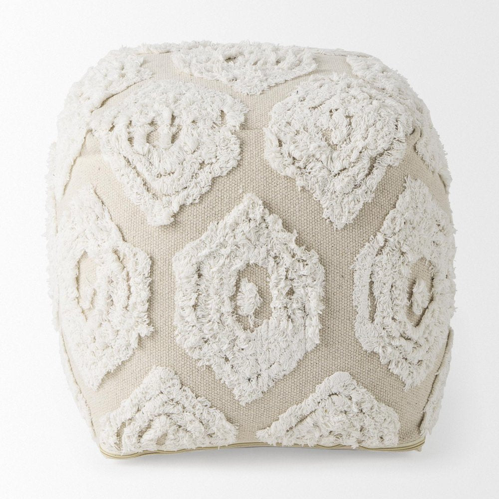 16" Beige and Cream Cotton Geometric Cube Pouf Ottoman — view 4