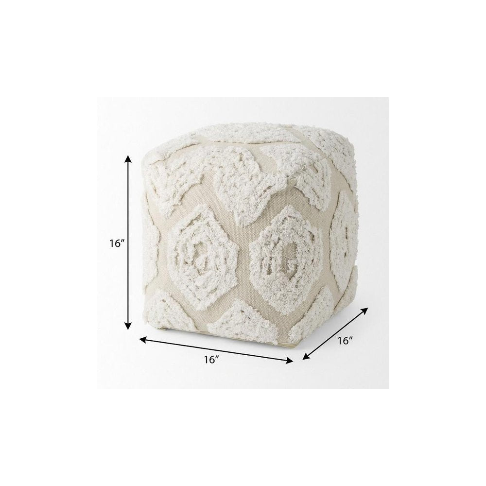 16" Beige and Cream Cotton Geometric Cube Pouf Ottoman HomeRoots