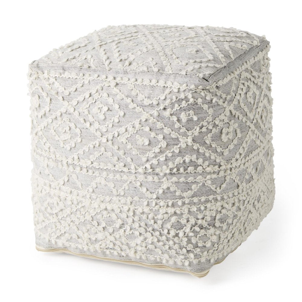 16" Cream and Gray Upholstery and Wool Geometric Pouf Ottoman HomeRoots