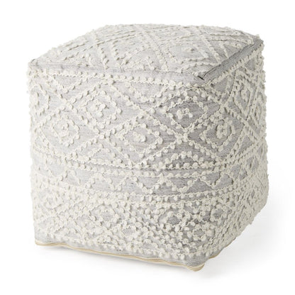 16" Cream and Gray Upholstery and Wool Geometric Pouf Ottoman HomeRoots