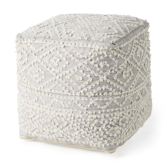 16" Cream and Gray Upholstery and Wool Geometric Pouf Ottoman