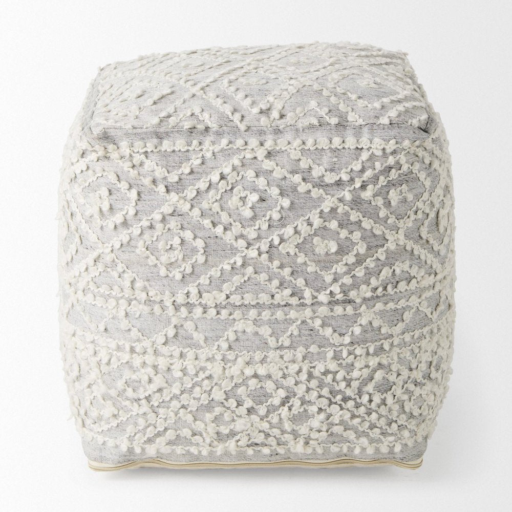 16" Cream and Gray Upholstery and Wool Geometric Pouf Ottoman — view 2