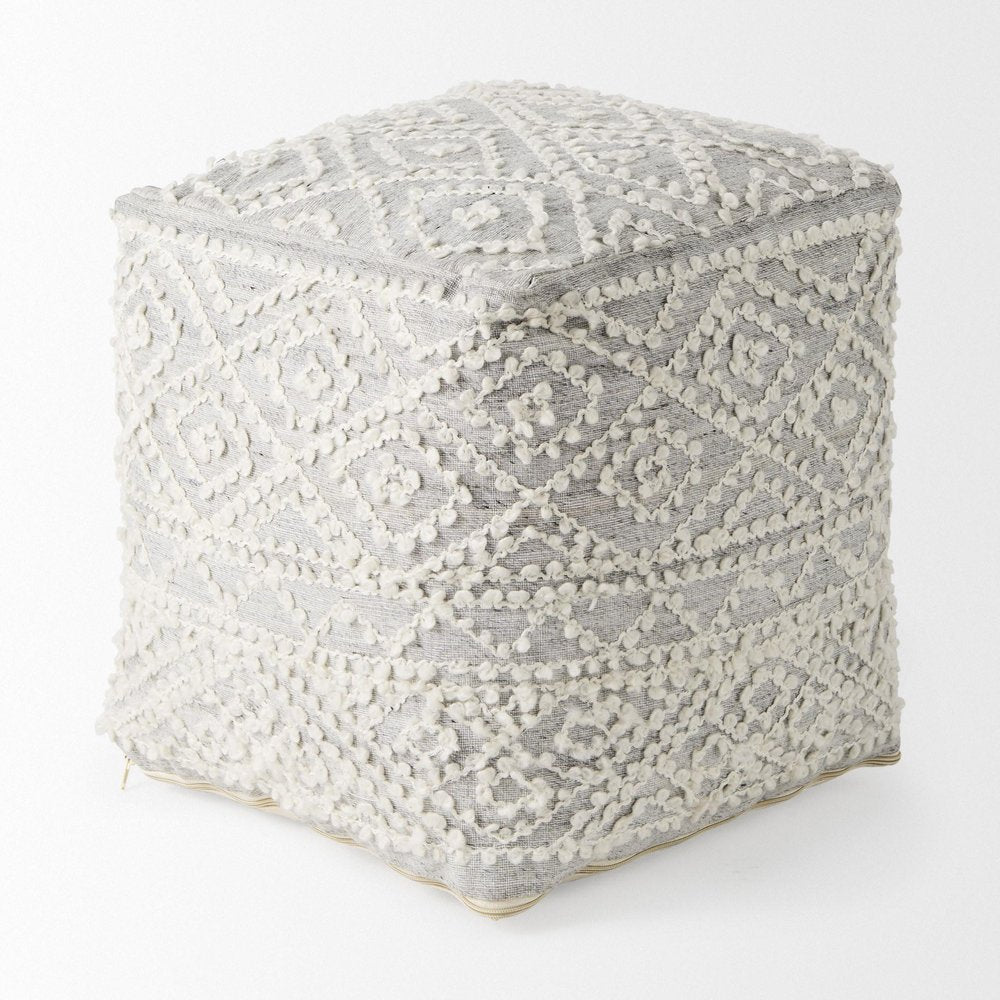 16" Cream and Gray Upholstery and Wool Geometric Pouf Ottoman — view 3