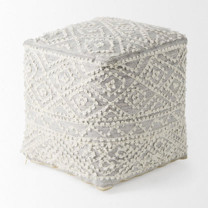 16" Cream and Gray Upholstery and Wool Geometric Pouf Ottoman