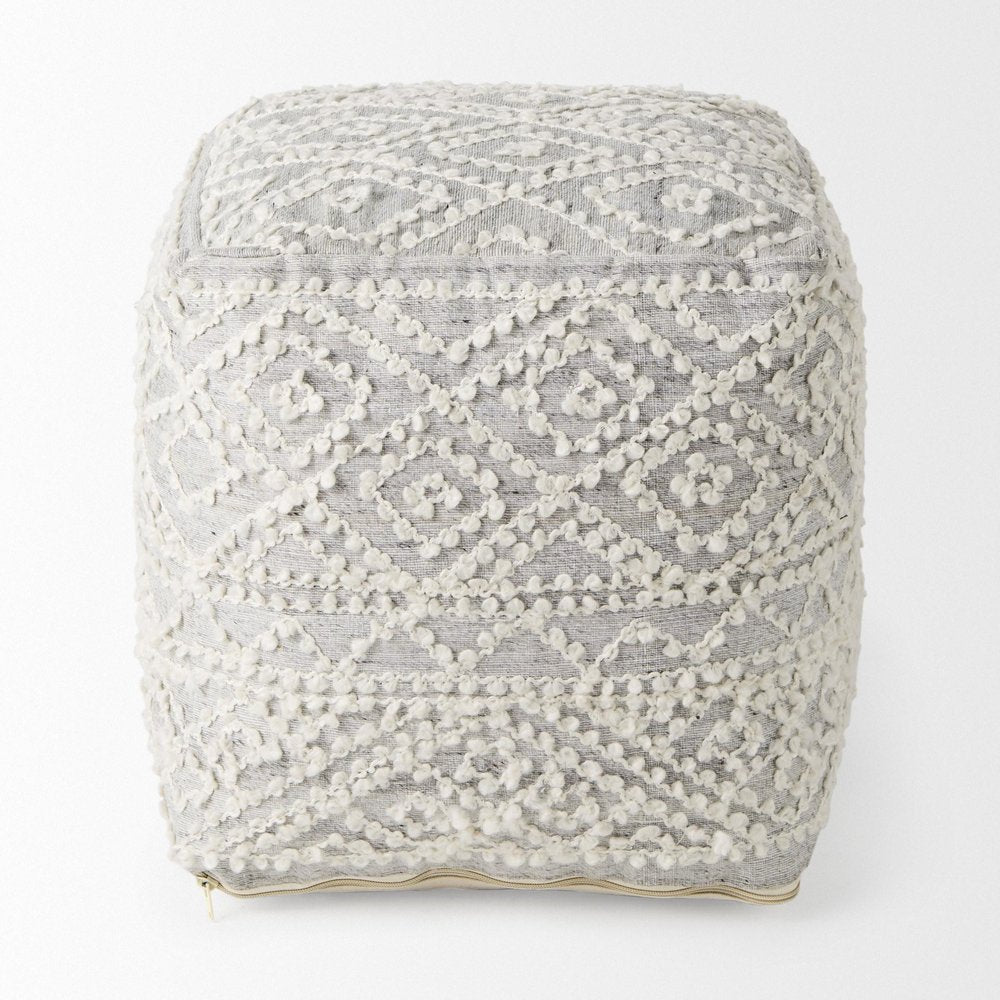 16" Cream and Gray Upholstery and Wool Geometric Pouf Ottoman — view 4