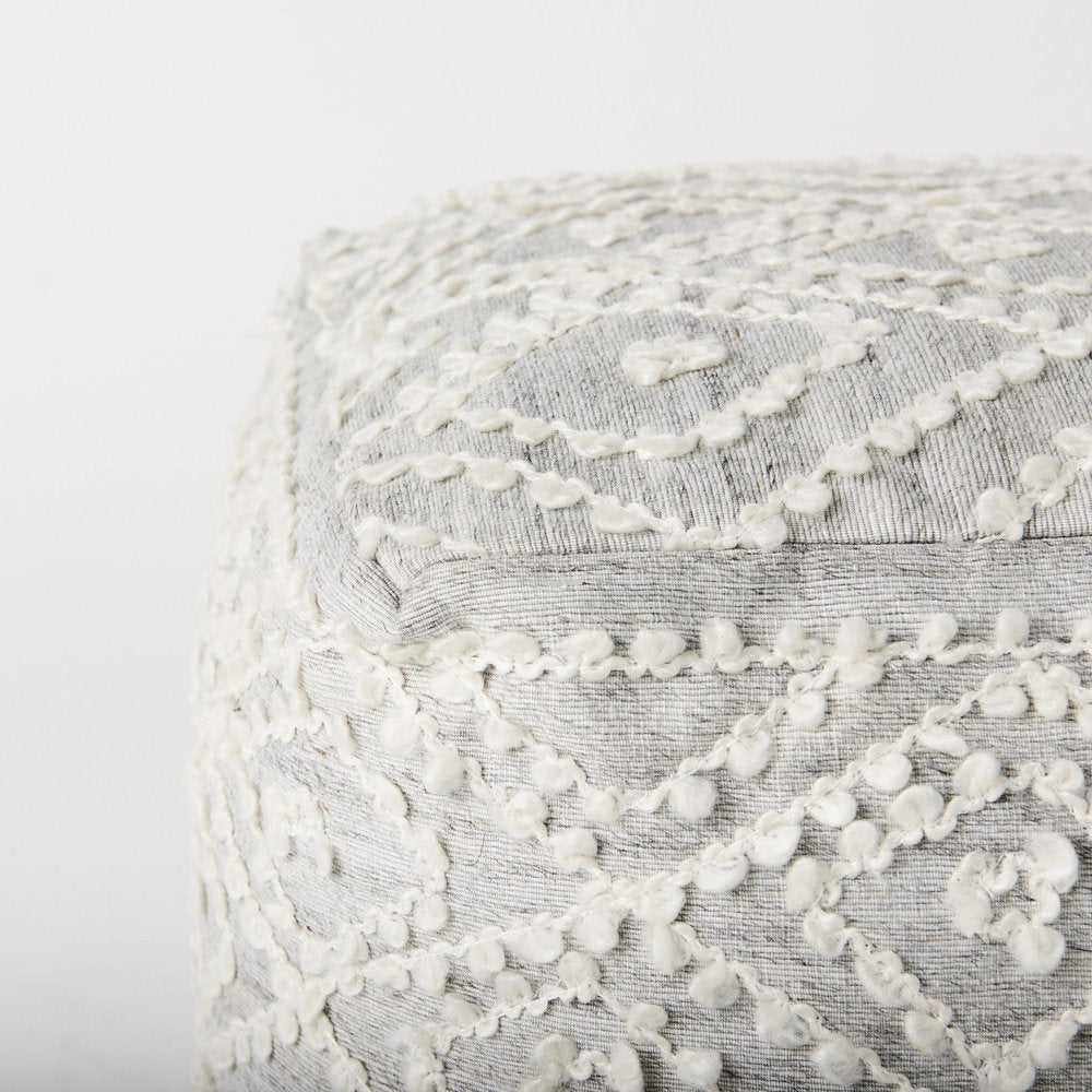 16" Cream and Gray Upholstery and Wool Geometric Pouf Ottoman — view 5