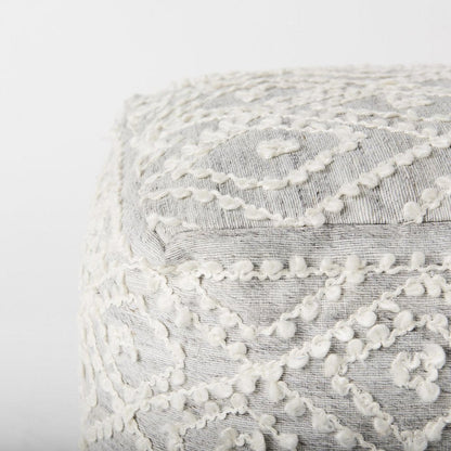 16" Cream and Gray Upholstery and Wool Geometric Pouf Ottoman HomeRoots