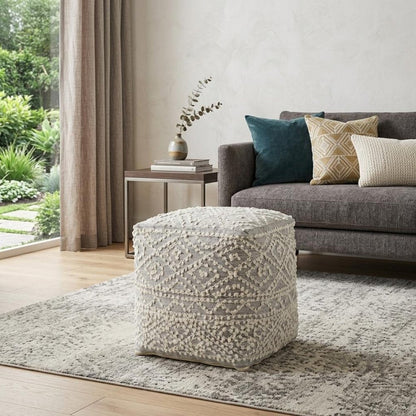 16" Cream and Gray Upholstery and Wool Geometric Pouf Ottoman HomeRoots
