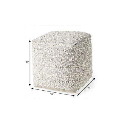 16" Cream and Gray Upholstery and Wool Geometric Pouf Ottoman